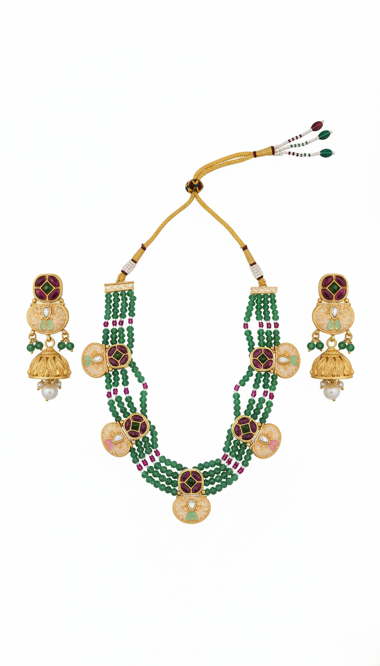 Traditional Gold Plated Multi-Strand Green Bead Necklace with Meenakari & Kundan Medallions and Matching Jhumka Earrings