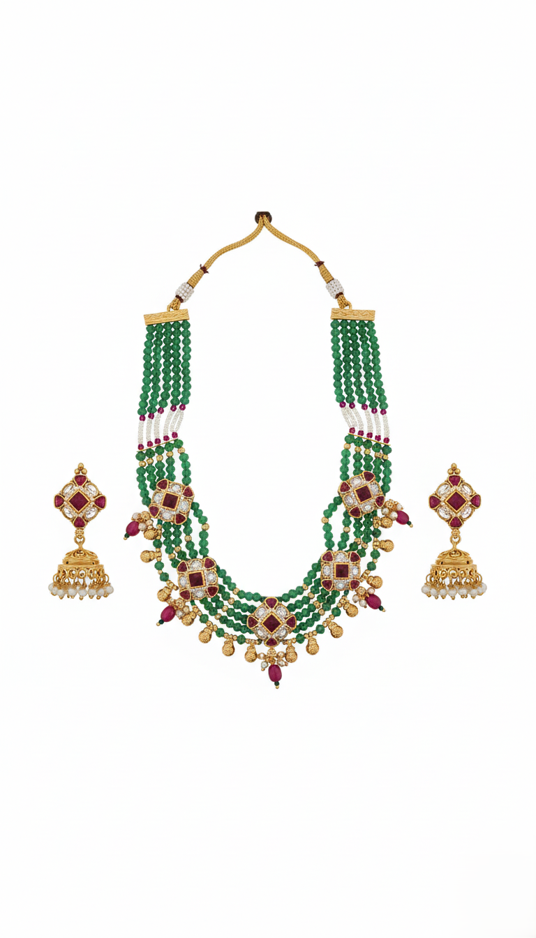 Royal Gold Plated Multi-Strand Emerald Green Bead Necklace with Kundan Motifs and Matching Jhumka Earrings