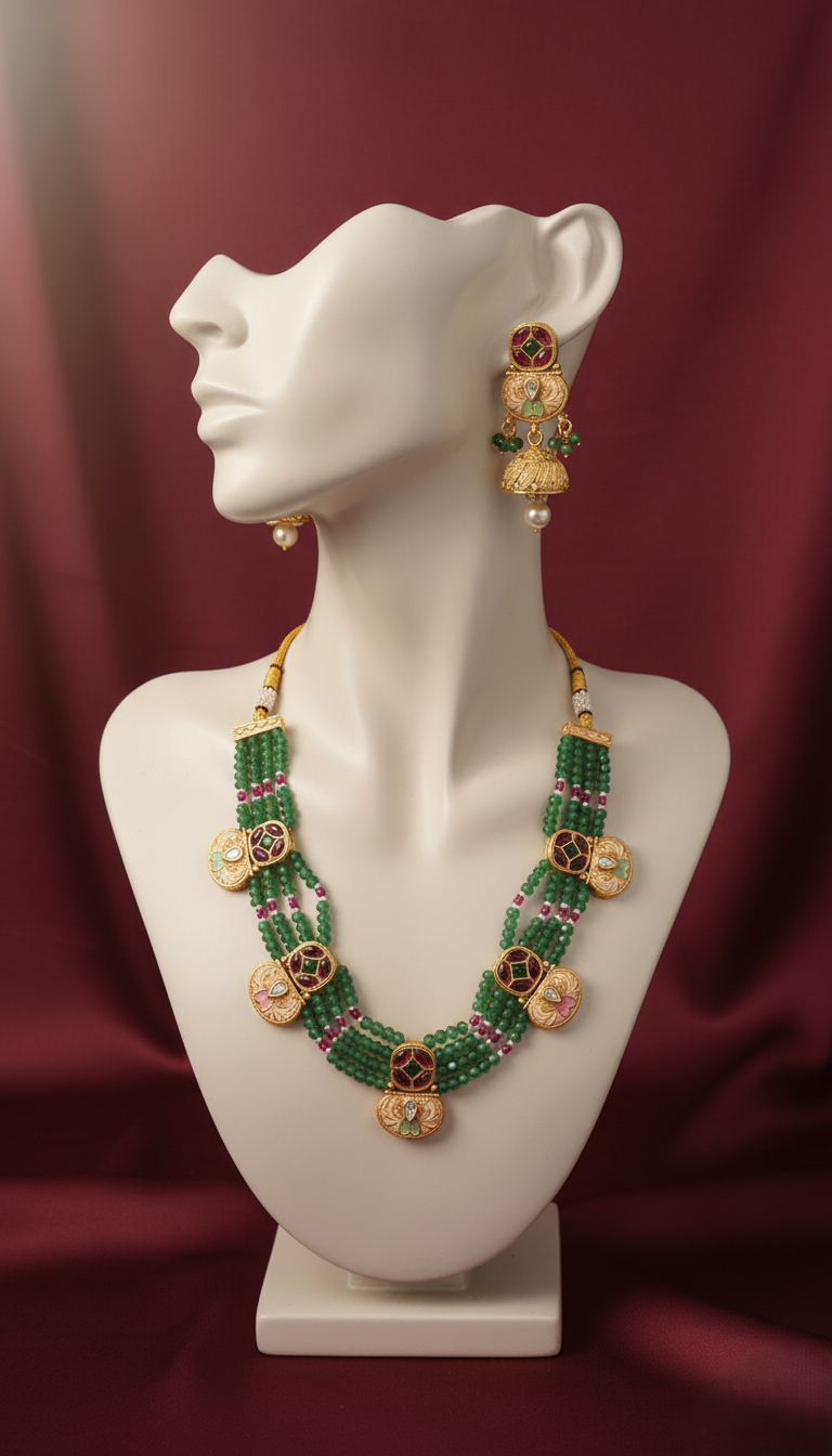 Traditional Gold Plated Multi-Strand Green Bead Necklace with Meenakari & Kundan Medallions and Matching Jhumka Earrings