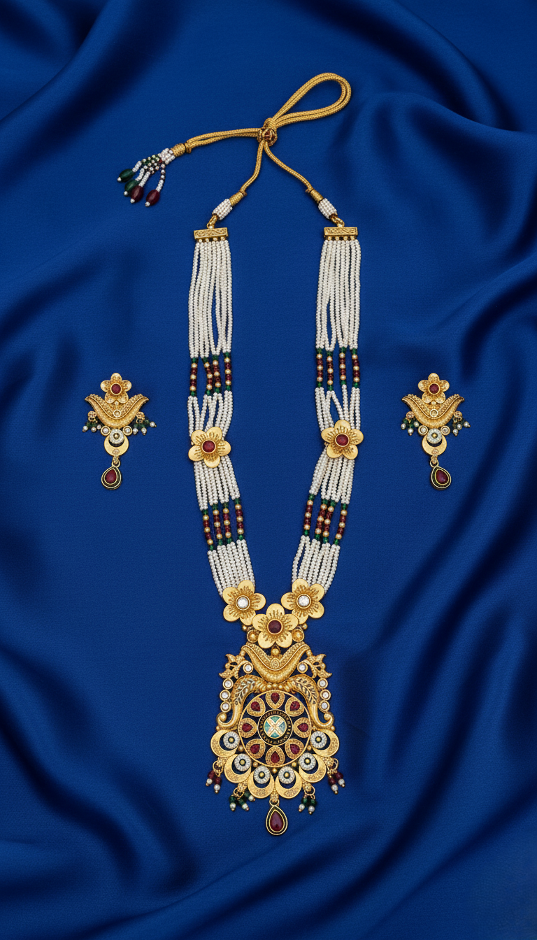Traditional Gold Plated Floral Pearl Rani Haar Necklace with Multi-Stone Kundan Pendant and Matching Earrings