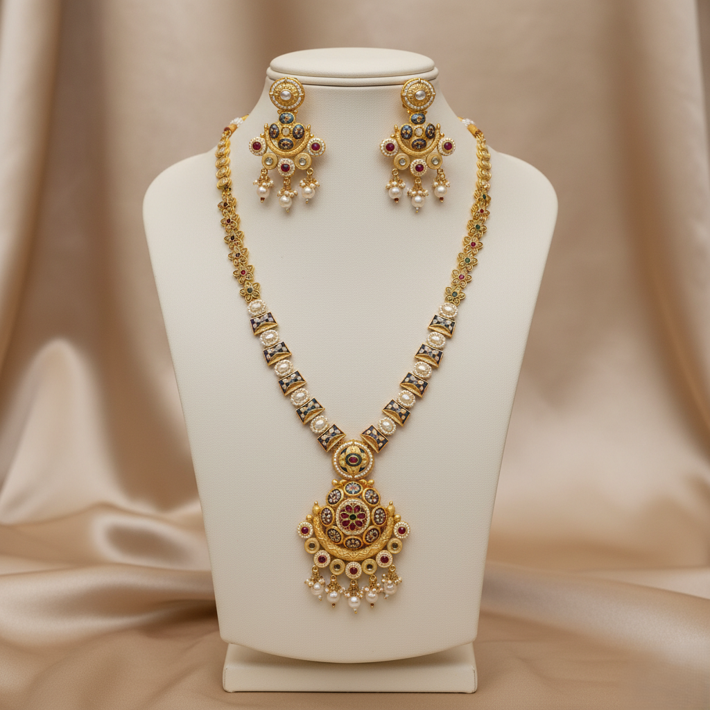 Antique Gold Plated Polki & Meenakari Necklace Set with Pearl Embellishments and Matching Earrings