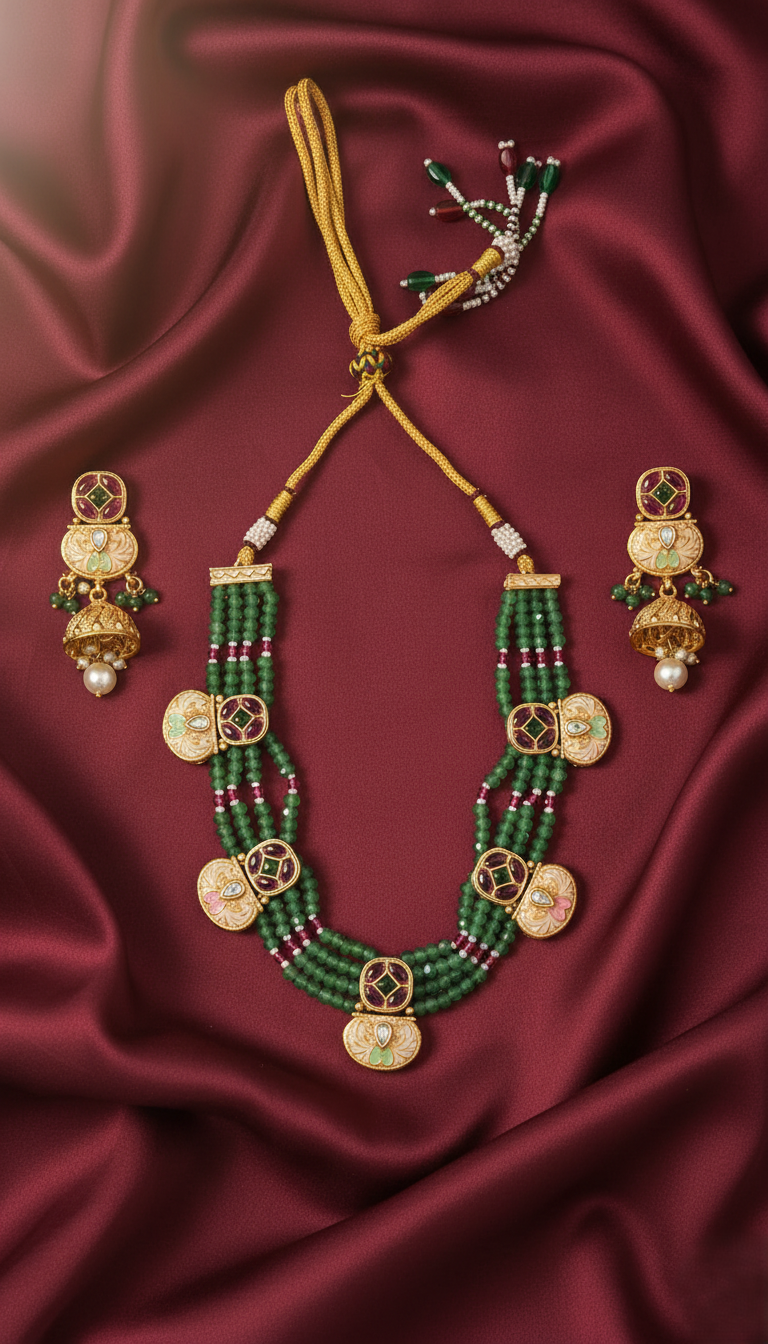 Traditional Gold Plated Multi-Strand Green Bead Necklace with Meenakari & Kundan Medallions and Matching Jhumka Earrings