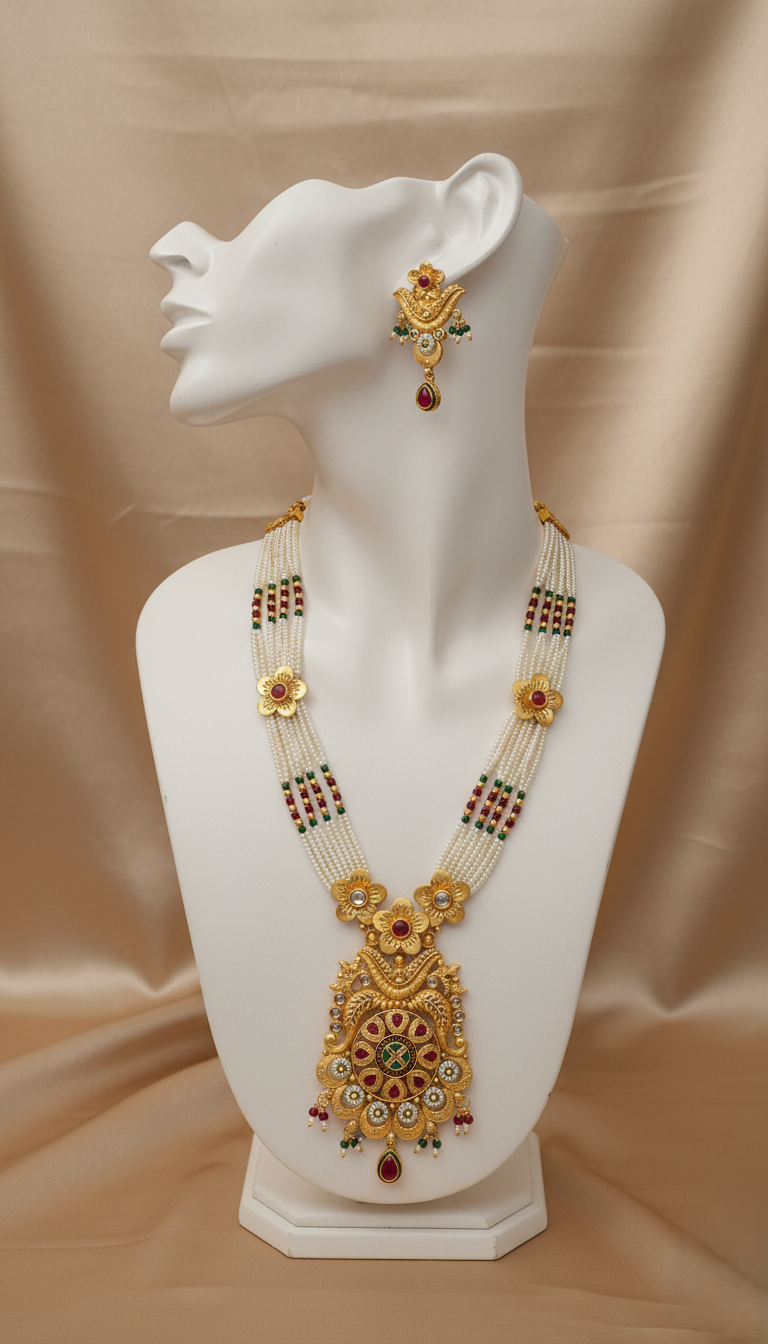 Traditional Gold Plated Floral Pearl Rani Haar Necklace with Multi-Stone Kundan Pendant and Matching Earrings