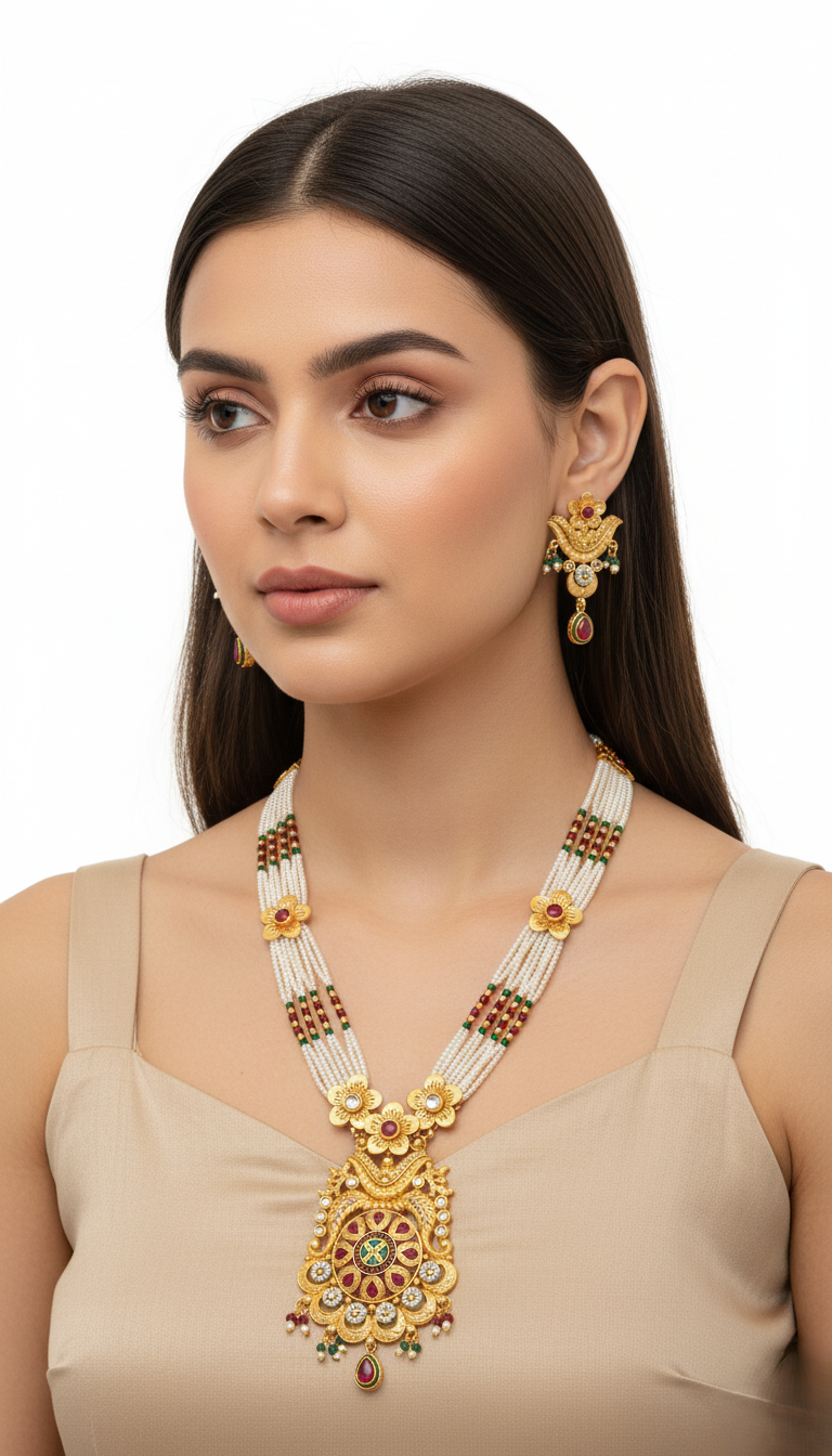 Traditional Gold Plated Floral Pearl Rani Haar Necklace with Multi-Stone Kundan Pendant and Matching Earrings