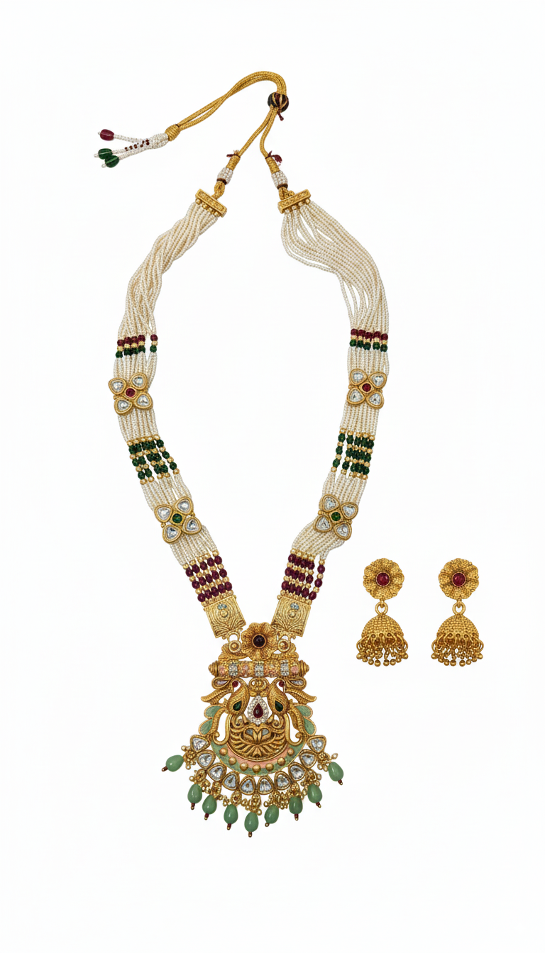 Traditional Gold Plated Temple Jewellery with Peacock Kundan Pendant, Pearl & Bead Necklace, and Matching Jhumkas