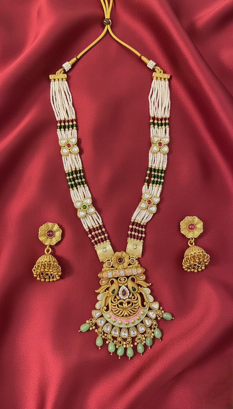 Traditional Gold Plated Temple Jewellery with Peacock Kundan Pendant, Pearl & Bead Necklace, and Matching Jhumkas