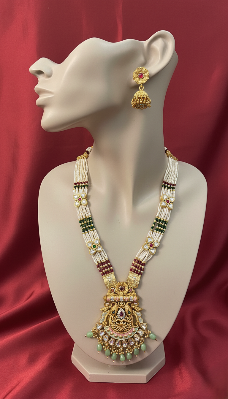 Traditional Gold Plated Temple Jewellery with Peacock Kundan Pendant, Pearl & Bead Necklace, and Matching Jhumkas