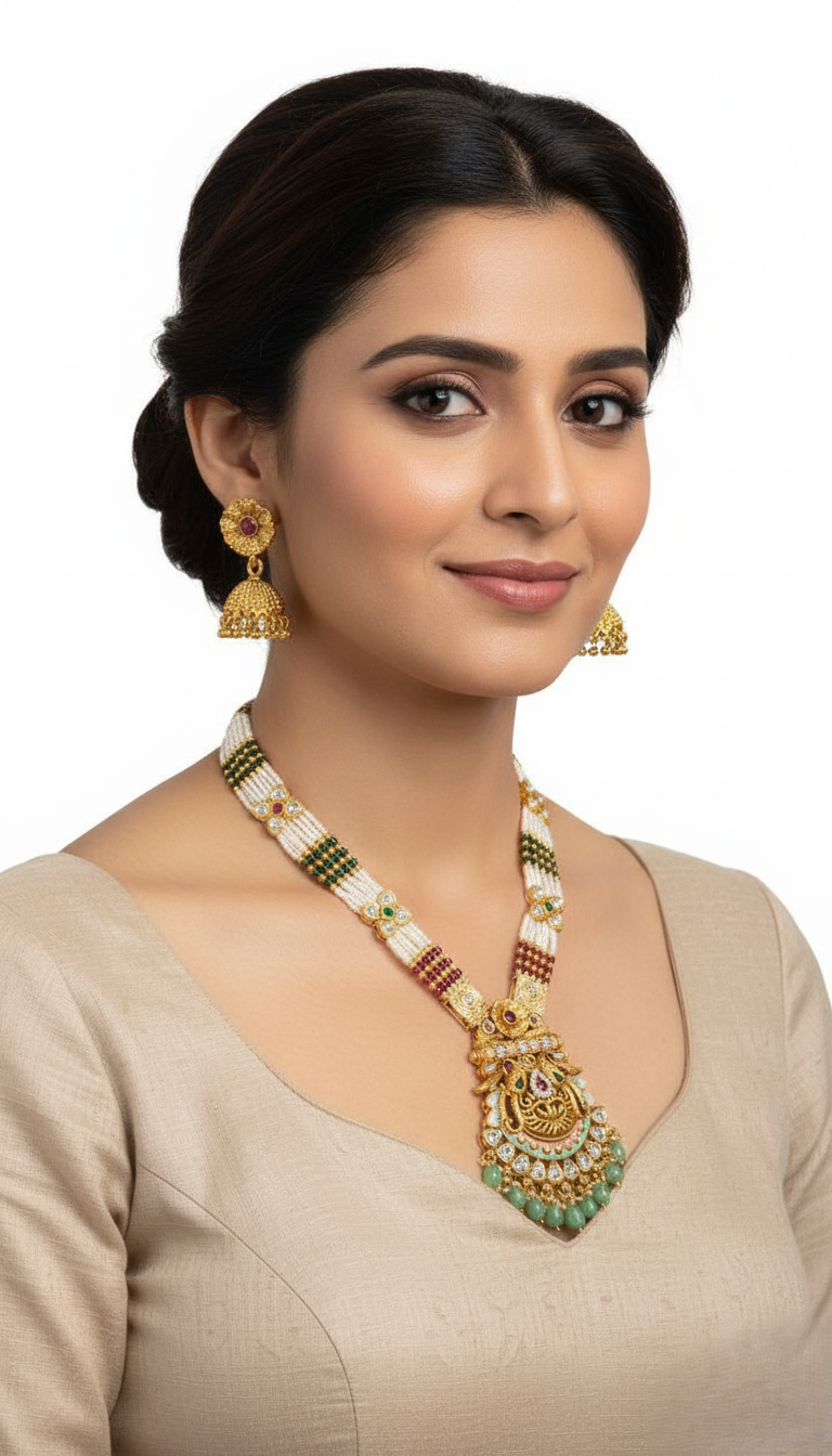 Traditional Gold Plated Temple Jewellery with Peacock Kundan Pendant, Pearl & Bead Necklace, and Matching Jhumkas