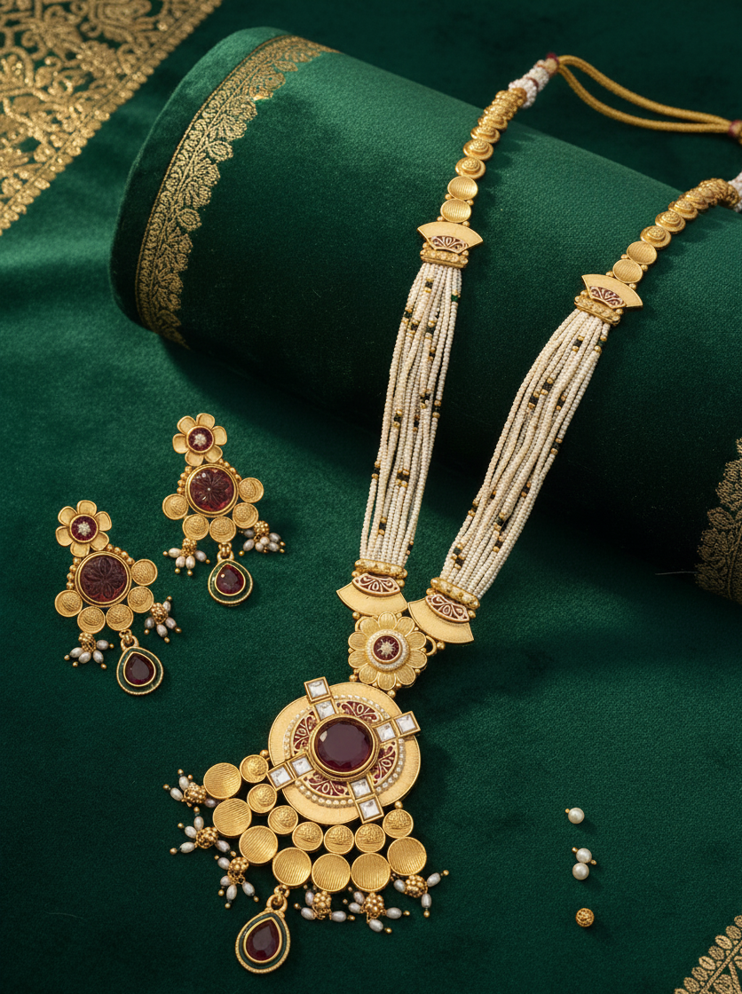 Traditional Gold Plated Multi-Strand Pearl Long Necklace Set with Matching Earrings