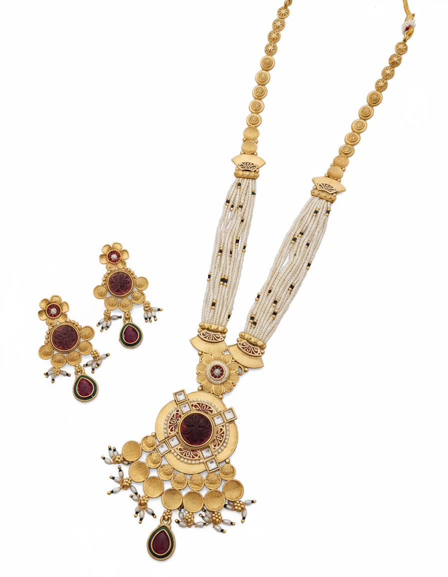 Traditional Gold Plated Multi-Strand Pearl Long Necklace Set with Matching Earrings