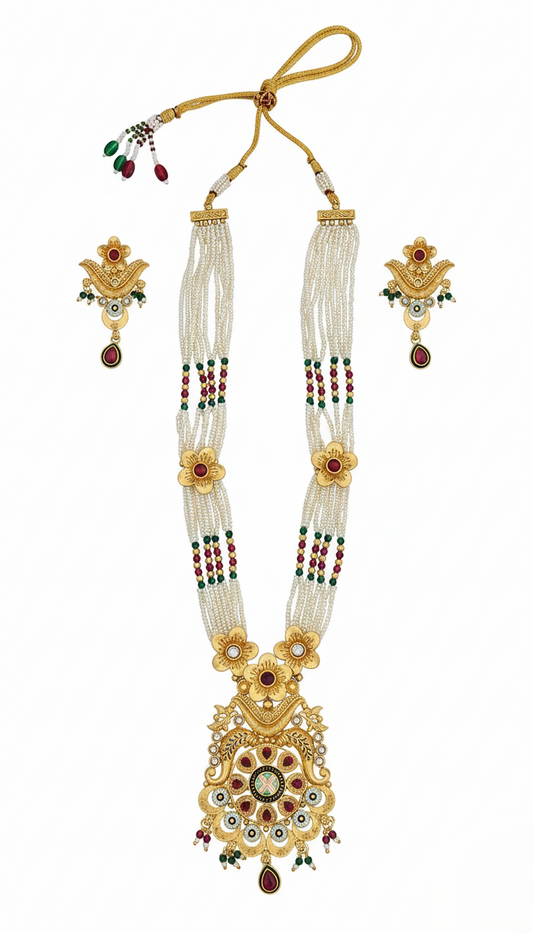 Traditional Gold Plated Floral Pearl Rani Haar Necklace with Multi-Stone Kundan Pendant and Matching Earrings