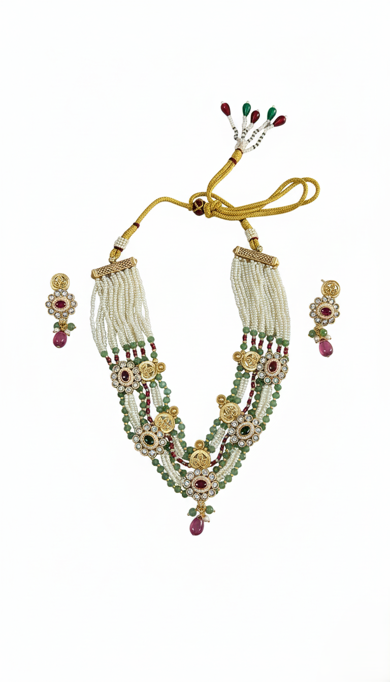 Exquisite Gold Plated Multi-Layered Pearl & Green Bead Statement Necklace Set with Kundan Motifs