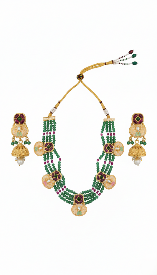 Traditional Gold Plated Multi-Strand Green Bead Necklace with Meenakari & Kundan Medallions and Matching Jhumka Earrings