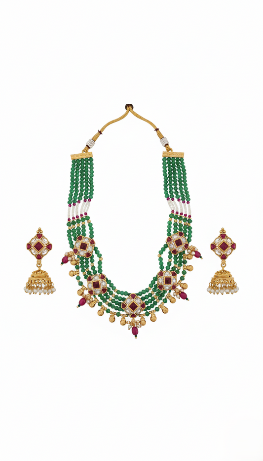 Royal Gold Plated Multi-Strand Emerald Green Bead Necklace with Kundan Motifs and Matching Jhumka Earrings