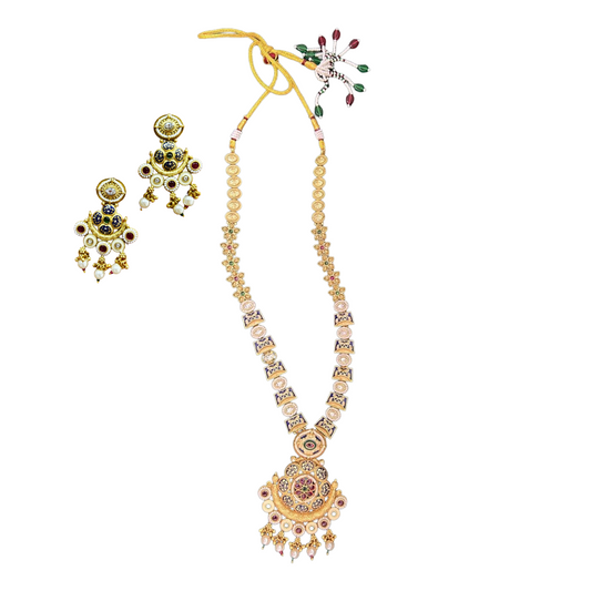 Antique Gold Plated Polki & Meenakari Necklace Set with Pearl Embellishments and Matching Earrings