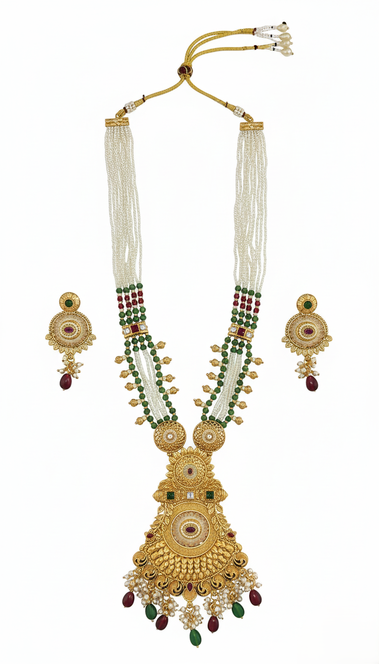 Royal Gold Plated Multi-Strand Pearl Rani Haar Necklace Set with Ornate Kundan Pendant & Earrings