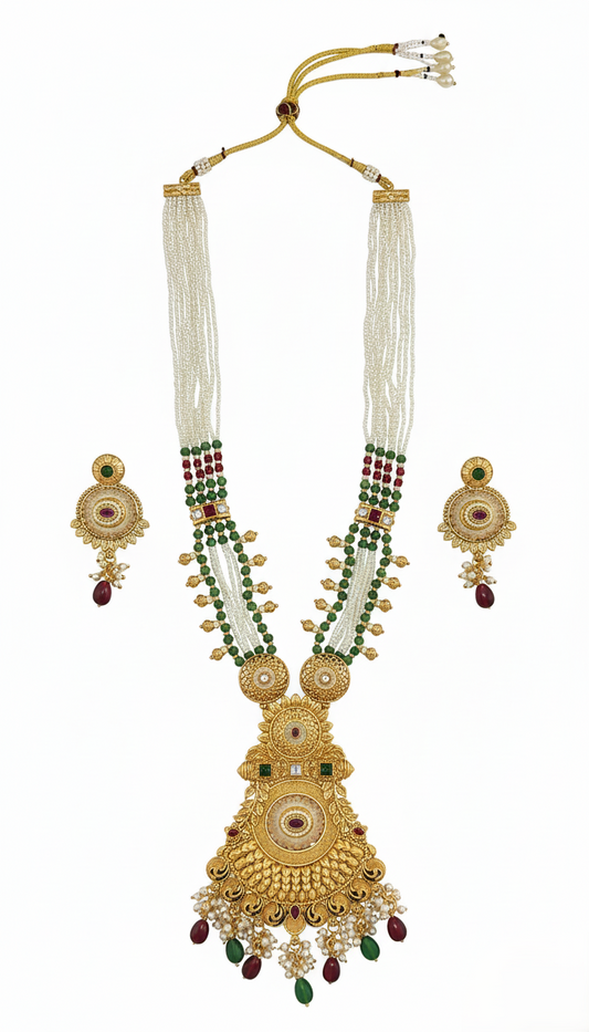 Royal Gold Plated Multi-Strand Pearl Rani Haar Necklace Set with Ornate Kundan Pendant & Earrings
