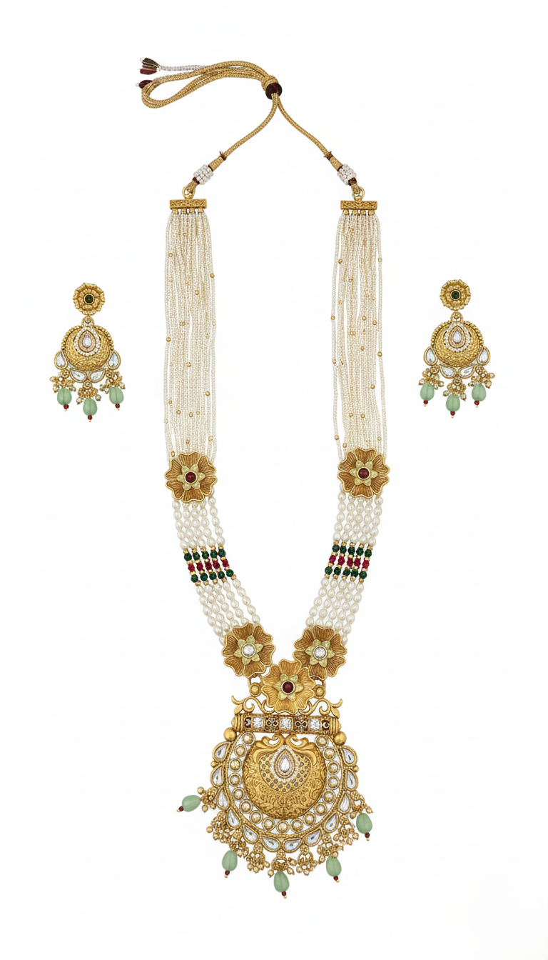Royal Gold Plated Floral Pearl Necklace Set with Ornate Kundan Pendant and Matching Earrings