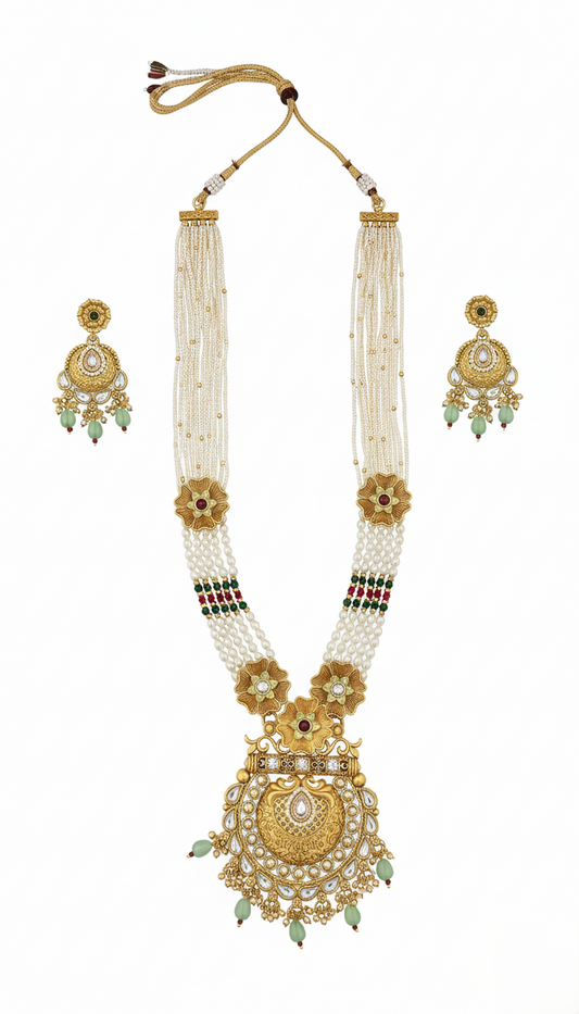 Royal Gold Plated Floral Pearl Necklace Set with Ornate Kundan Pendant and Matching Earrings