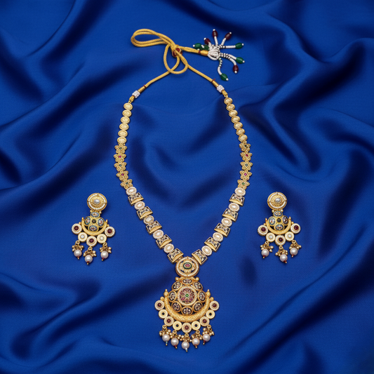 Antique Gold Plated Polki & Meenakari Necklace Set with Pearl Embellishments and Matching Earrings