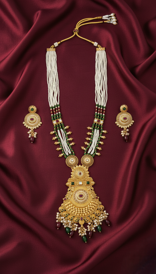 Royal Gold Plated Multi-Strand Pearl Rani Haar Necklace Set with Ornate Kundan Pendant & Earrings