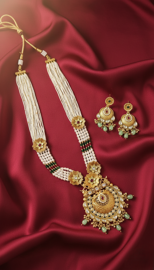 Royal Gold Plated Floral Pearl Necklace Set with Ornate Kundan Pendant and Matching Earrings