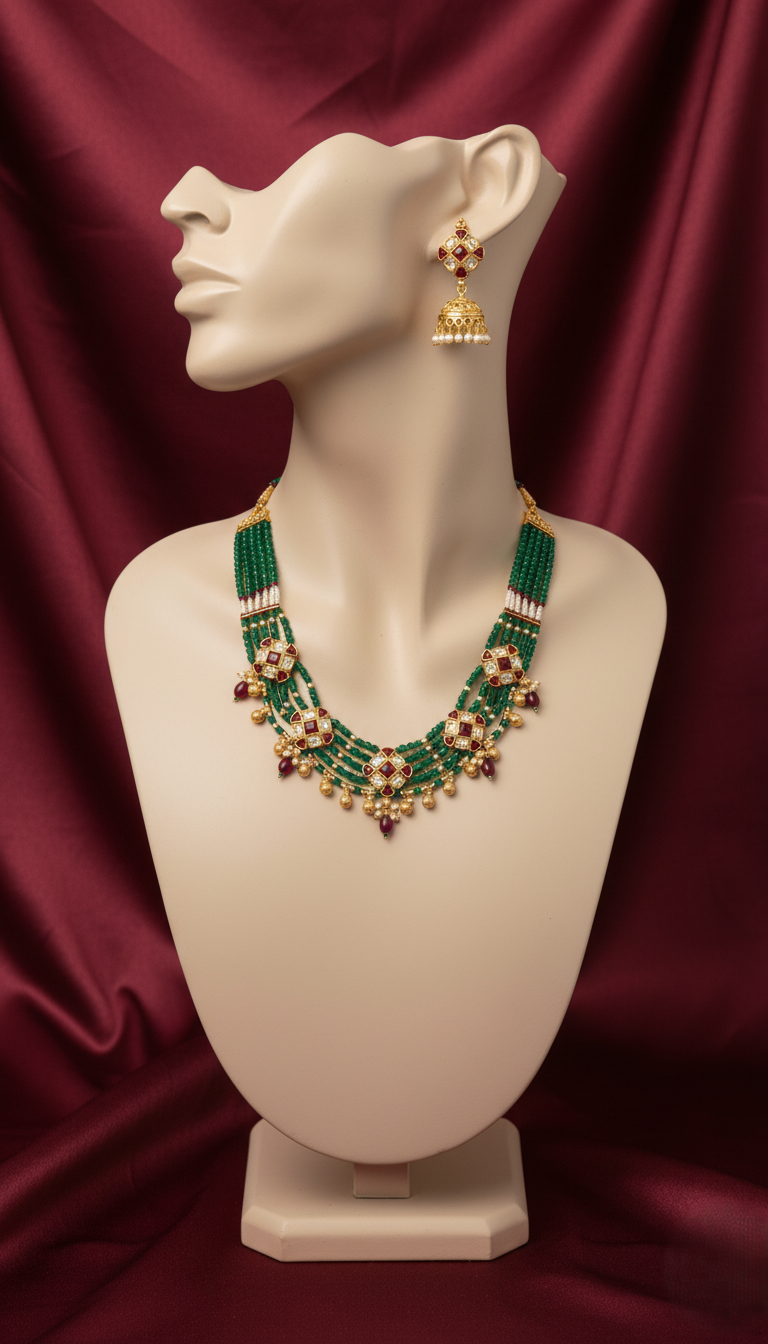 Royal Gold Plated Multi-Strand Emerald Green Bead Necklace with Kundan Motifs and Matching Jhumka Earrings