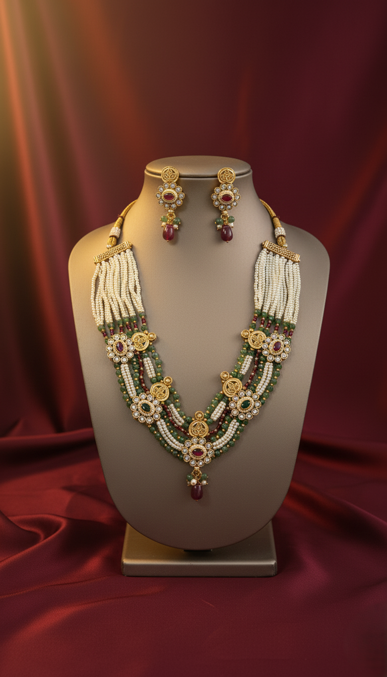 Exquisite Gold Plated Multi-Layered Pearl & Green Bead Statement Necklace Set with Kundan Motifs