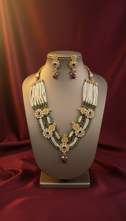Exquisite Gold Plated Multi-Layered Pearl & Green Bead Statement Necklace Set with Kundan Motifs