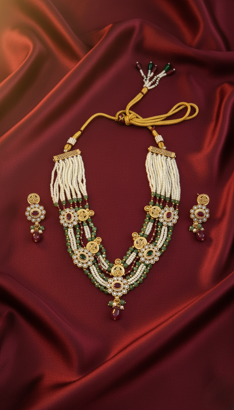 Exquisite Gold Plated Multi-Layered Pearl & Green Bead Statement Necklace Set with Kundan Motifs