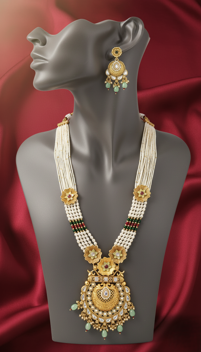 Royal Gold Plated Floral Pearl Necklace Set with Ornate Kundan Pendant and Matching Earrings