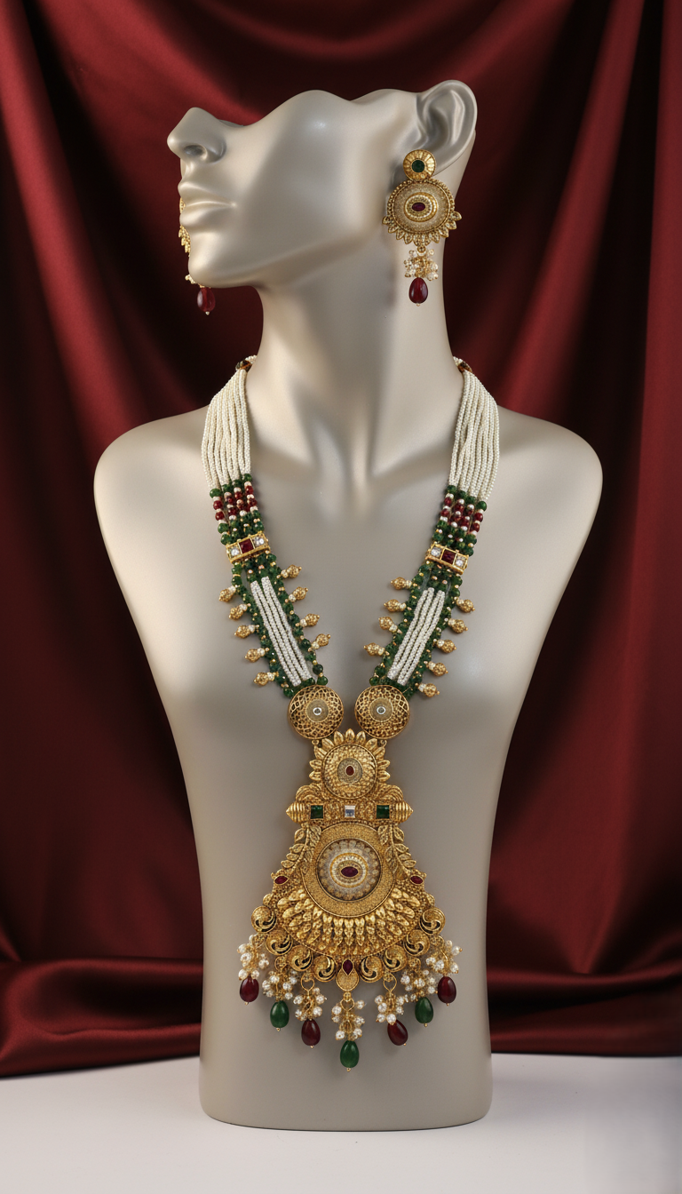 Royal Gold Plated Multi-Strand Pearl Rani Haar Necklace Set with Ornate Kundan Pendant & Earrings
