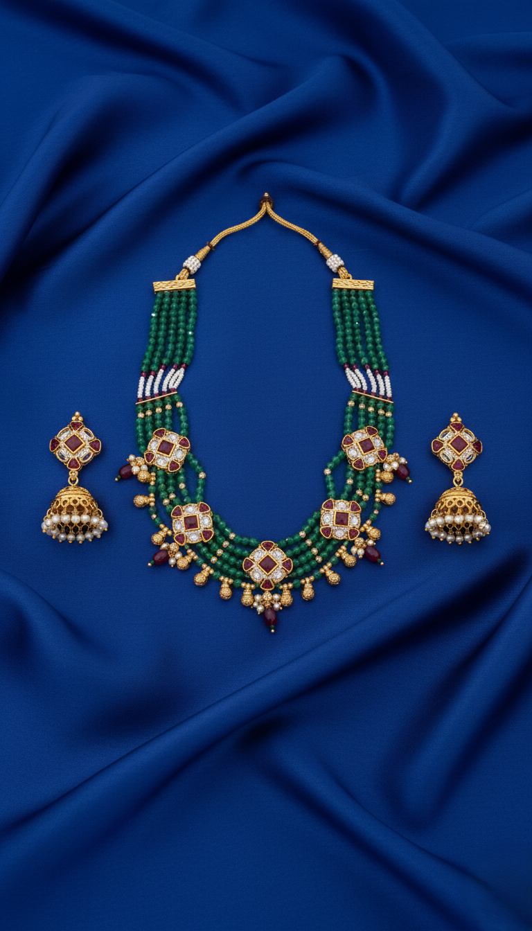 Royal Gold Plated Multi-Strand Emerald Green Bead Necklace with Kundan Motifs and Matching Jhumka Earrings