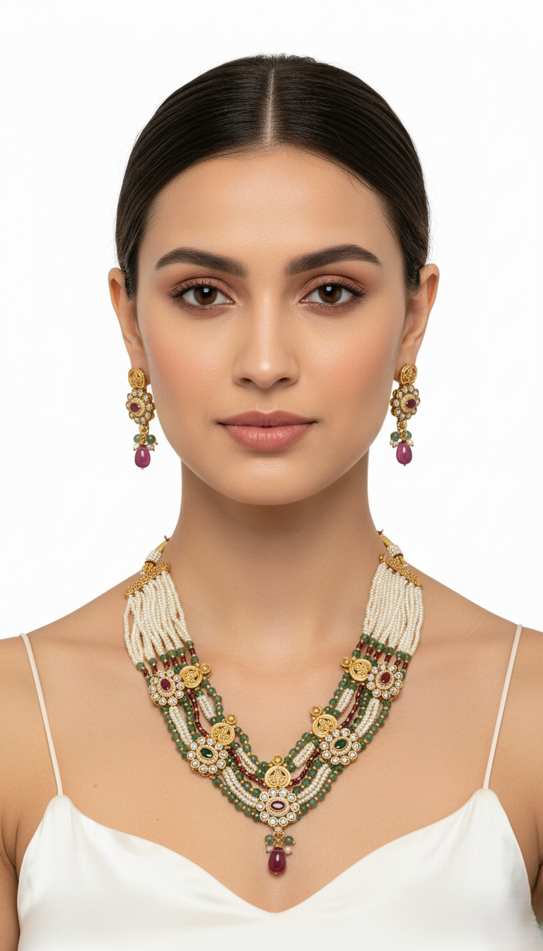 Exquisite Gold Plated Multi-Layered Pearl & Green Bead Statement Necklace Set with Kundan Motifs