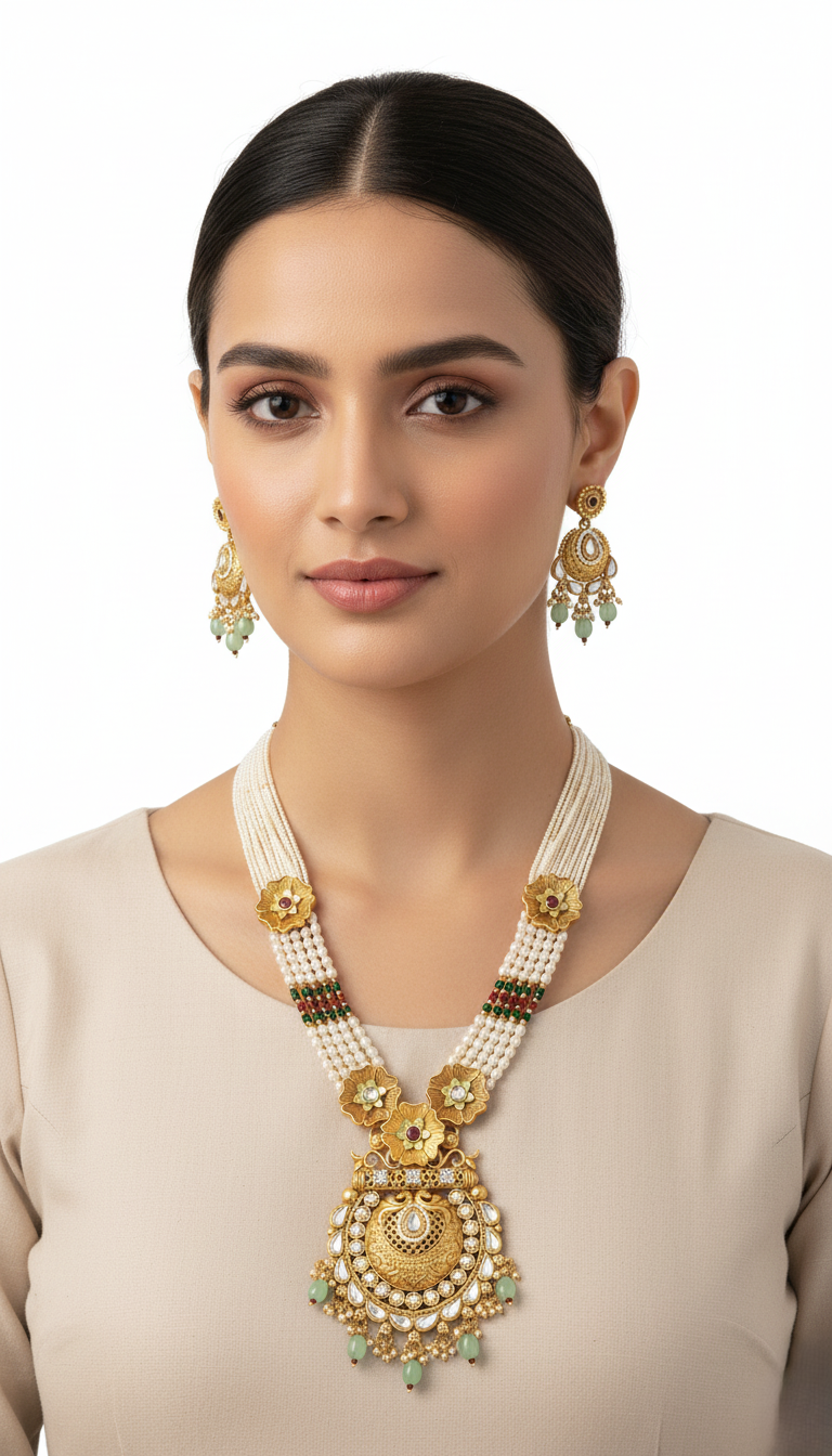 Royal Gold Plated Floral Pearl Necklace Set with Ornate Kundan Pendant and Matching Earrings