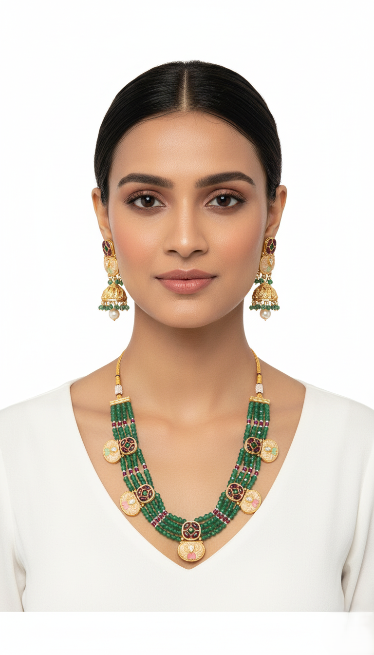 Traditional Gold Plated Multi-Strand Green Bead Necklace with Meenakari & Kundan Medallions and Matching Jhumka Earrings