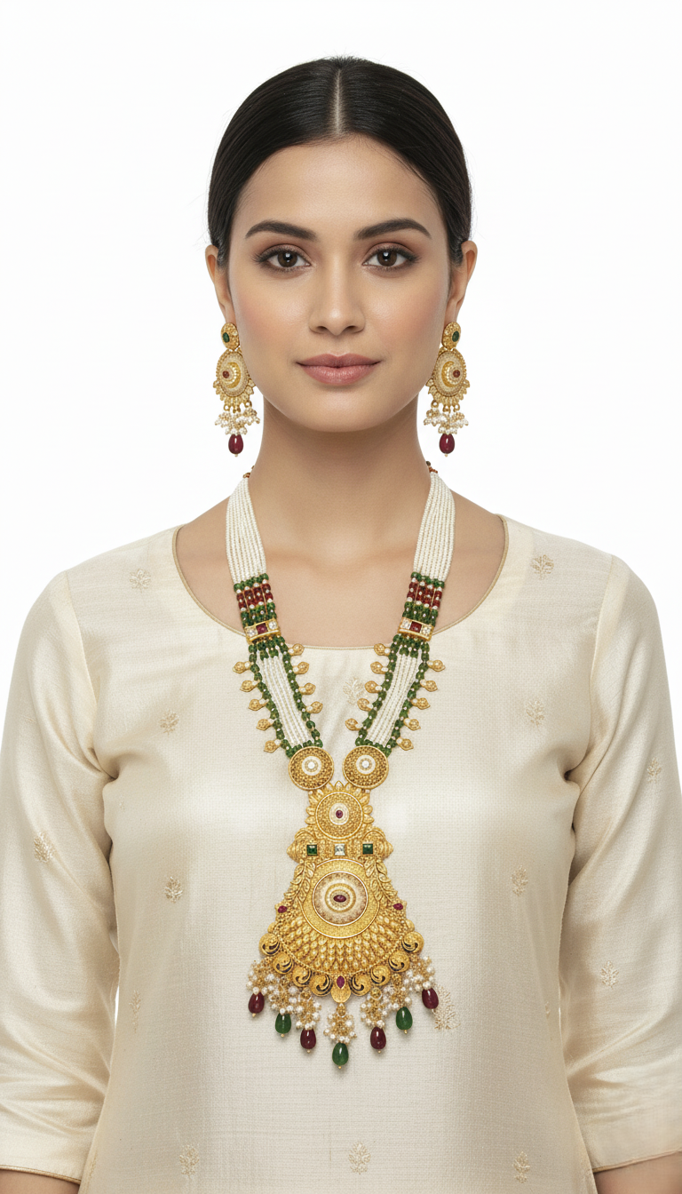 Royal Gold Plated Multi-Strand Pearl Rani Haar Necklace Set with Ornate Kundan Pendant & Earrings