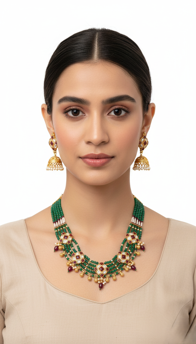 Royal Gold Plated Multi-Strand Emerald Green Bead Necklace with Kundan Motifs and Matching Jhumka Earrings
