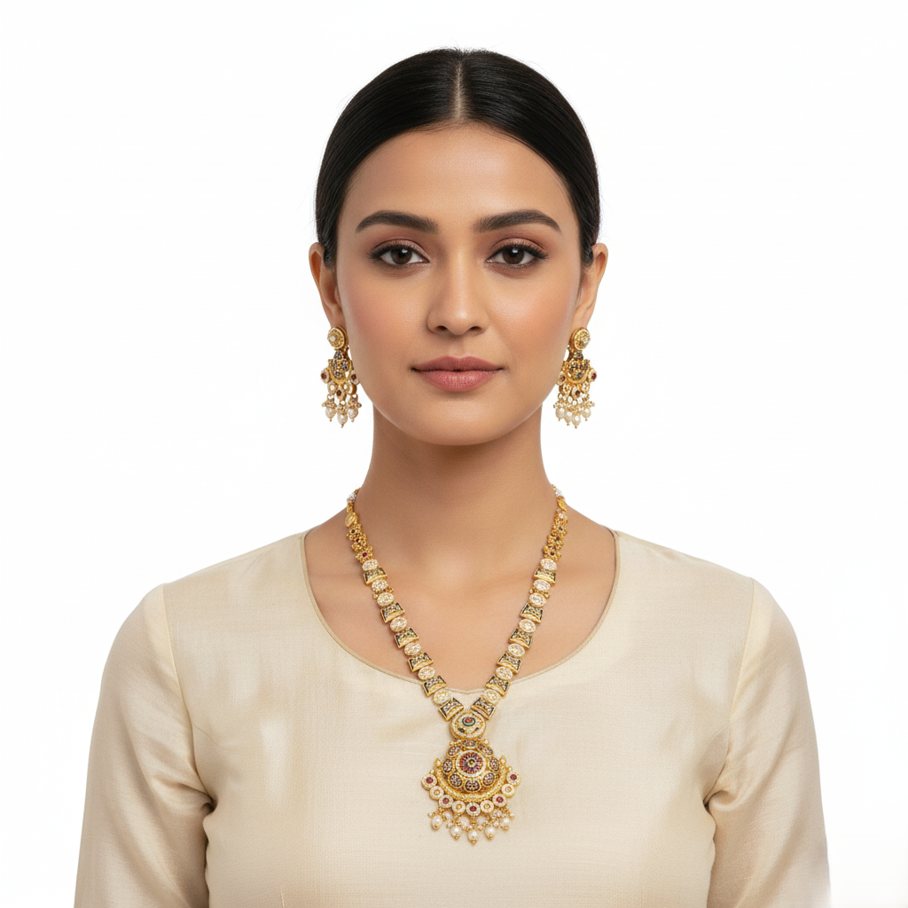 Antique Gold Plated Polki & Meenakari Necklace Set with Pearl Embellishments and Matching Earrings