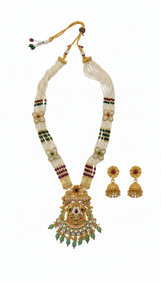 Traditional Gold Plated Temple Jewellery with Peacock Kundan Pendant, Pearl & Bead Necklace, and Matching Jhumkas