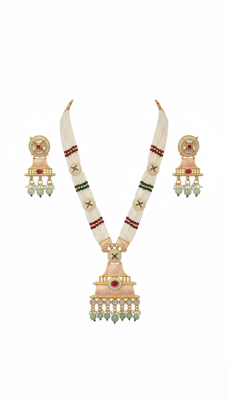 Elegant Gold Plated Pastel Meenakari & Kundan Pearl Necklace Set with Matching Earrings
