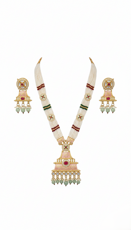 Elegant Gold Plated Pastel Meenakari & Kundan Pearl Necklace Set with Matching Earrings