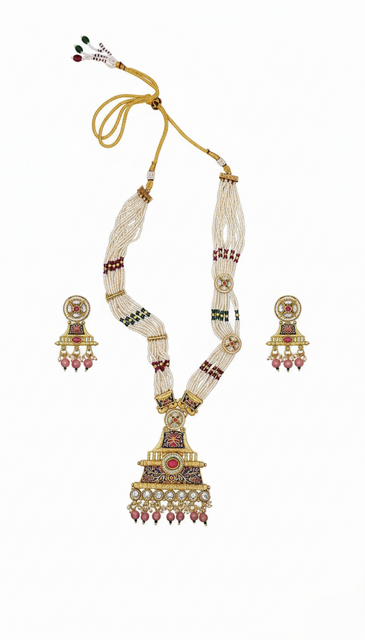 Royal Gold Plated Meenakari & Kundan Pendant Necklace Set with Pearls, Beads, and Matching Earrings