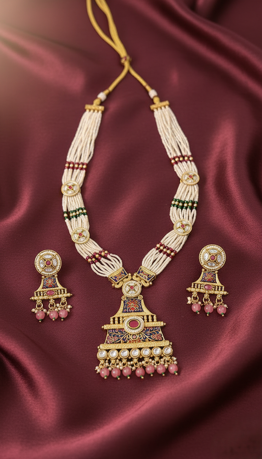 Royal Gold Plated Meenakari & Kundan Pendant Necklace Set with Pearls, Beads, and Matching Earrings