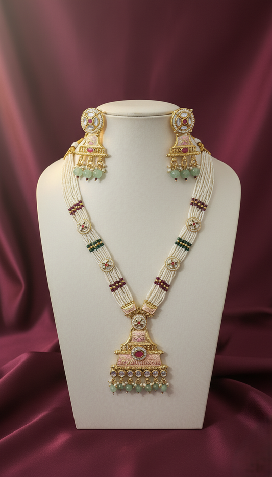 Elegant Gold Plated Pastel Meenakari & Kundan Pearl Necklace Set with Matching Earrings