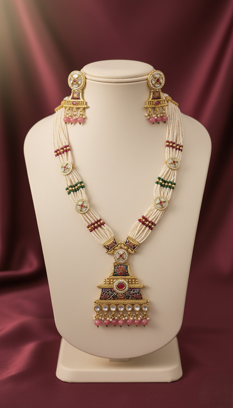 Royal Gold Plated Meenakari & Kundan Pendant Necklace Set with Pearls, Beads, and Matching Earrings