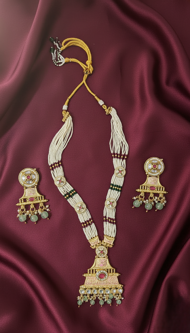 Elegant Gold Plated Pastel Meenakari & Kundan Pearl Necklace Set with Matching Earrings