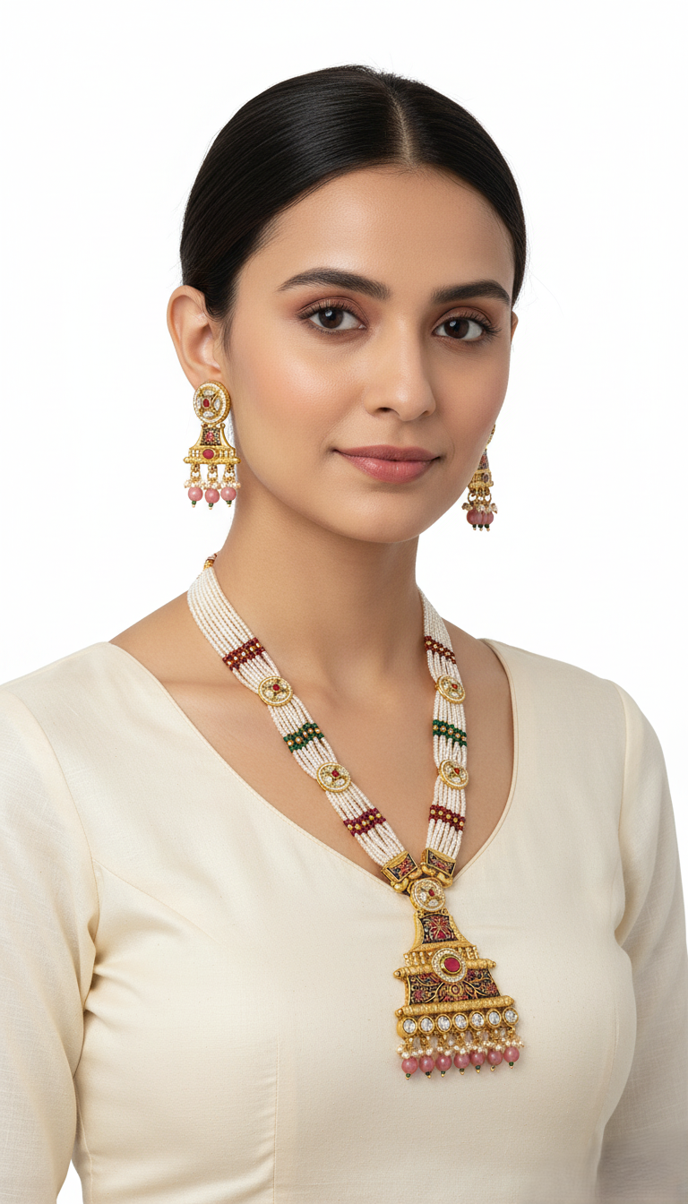 Royal Gold Plated Meenakari & Kundan Pendant Necklace Set with Pearls, Beads, and Matching Earrings