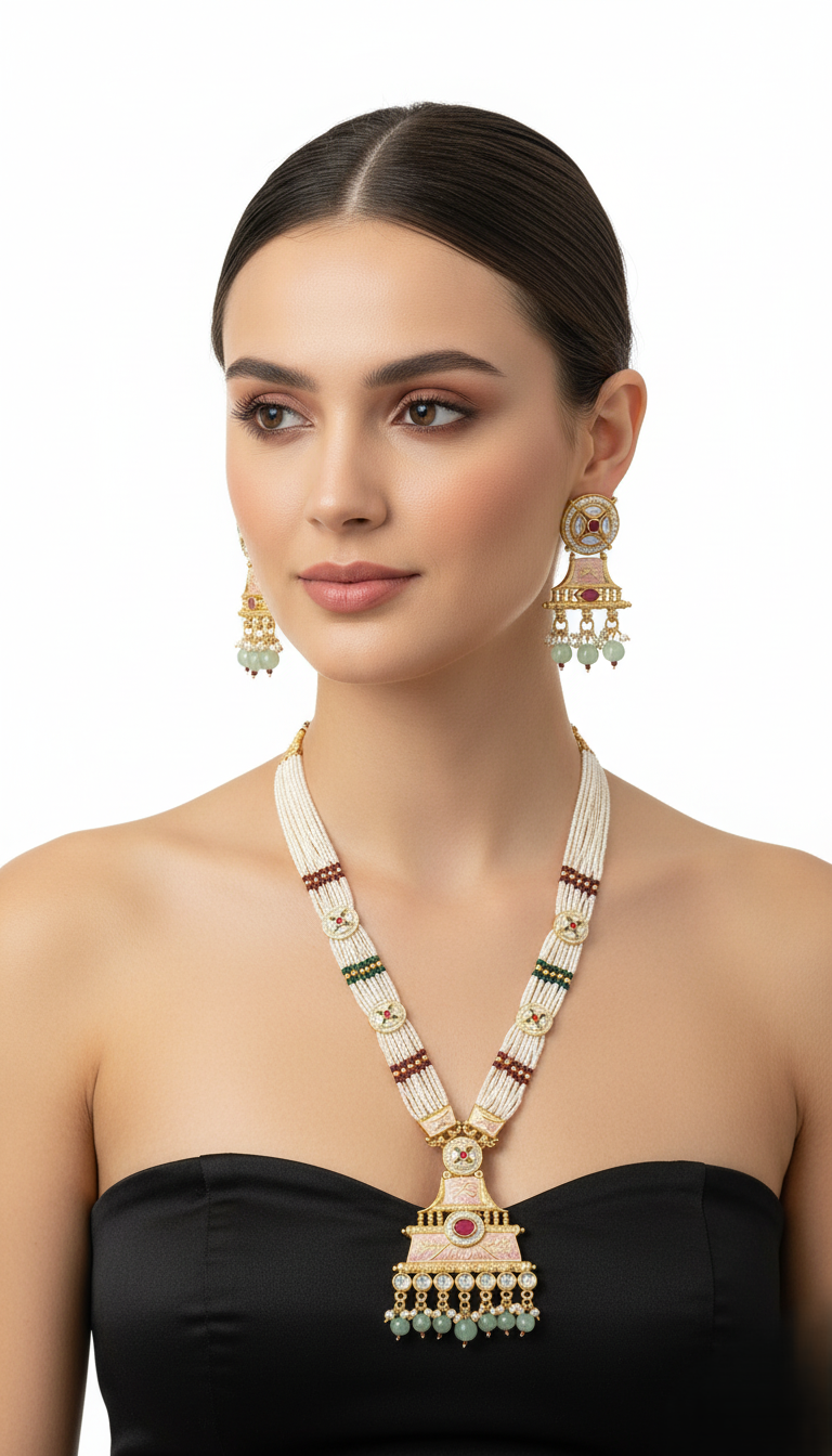 Elegant Gold Plated Pastel Meenakari & Kundan Pearl Necklace Set with Matching Earrings