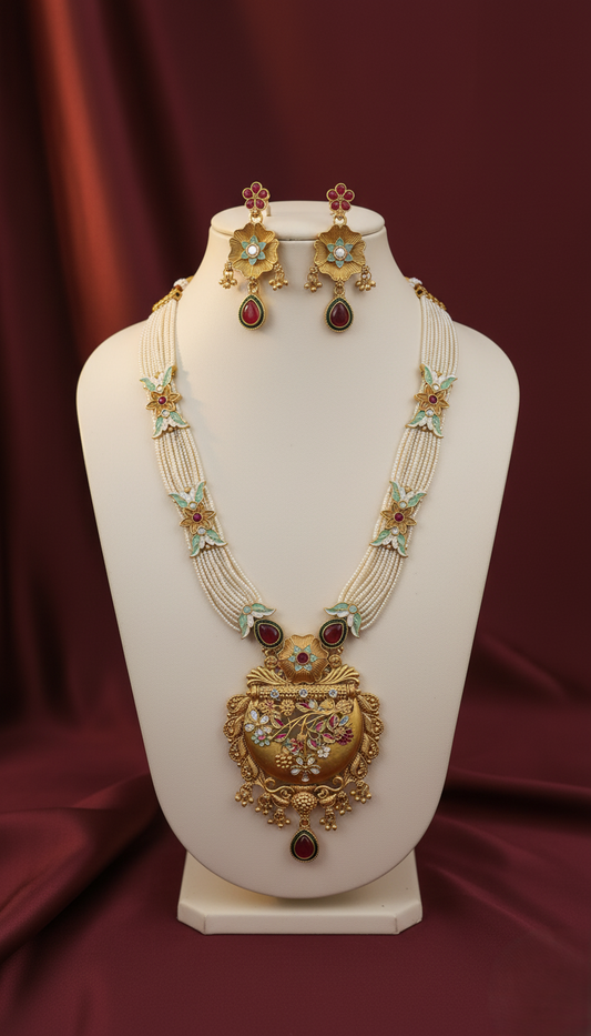 Majestic Gold Plated Meenakari & Pearl Multi-Strand Necklace Set with Earrings